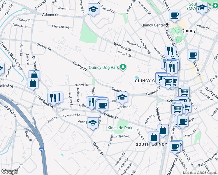 map of restaurants, bars, coffee shops, grocery stores, and more near 70 Quarry Street in Quincy