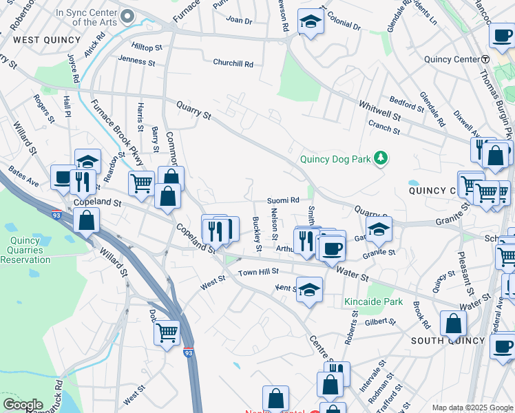 map of restaurants, bars, coffee shops, grocery stores, and more near 27 Nelson Street in Quincy