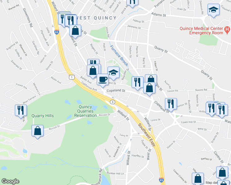 map of restaurants, bars, coffee shops, grocery stores, and more near 15 Furnace Avenue in Quincy