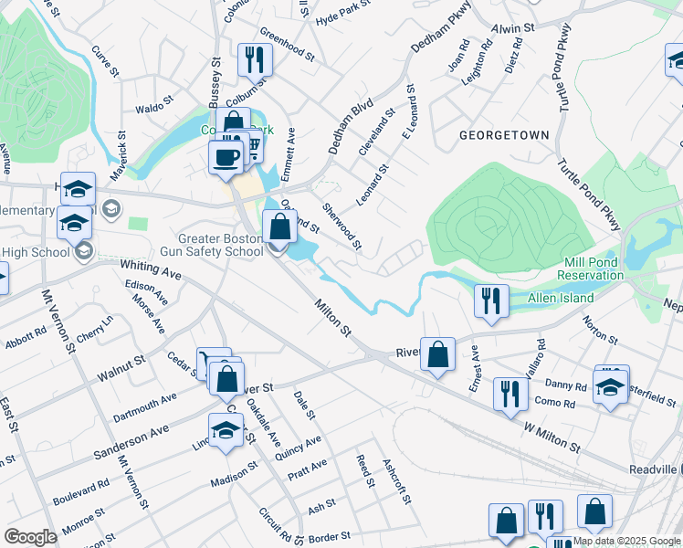 map of restaurants, bars, coffee shops, grocery stores, and more near 142 Milton Street in Dedham