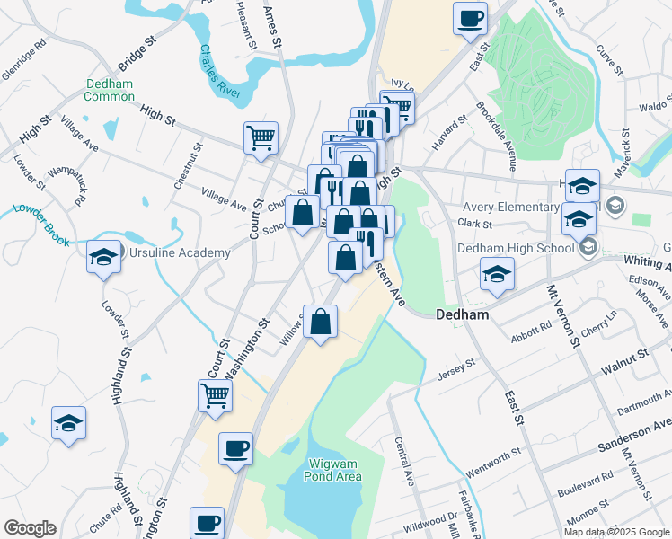 map of restaurants, bars, coffee shops, grocery stores, and more near 550 Providence Highway in Dedham