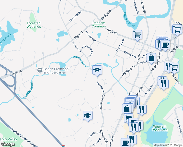 map of restaurants, bars, coffee shops, grocery stores, and more near 66 Lowder Street in Dedham