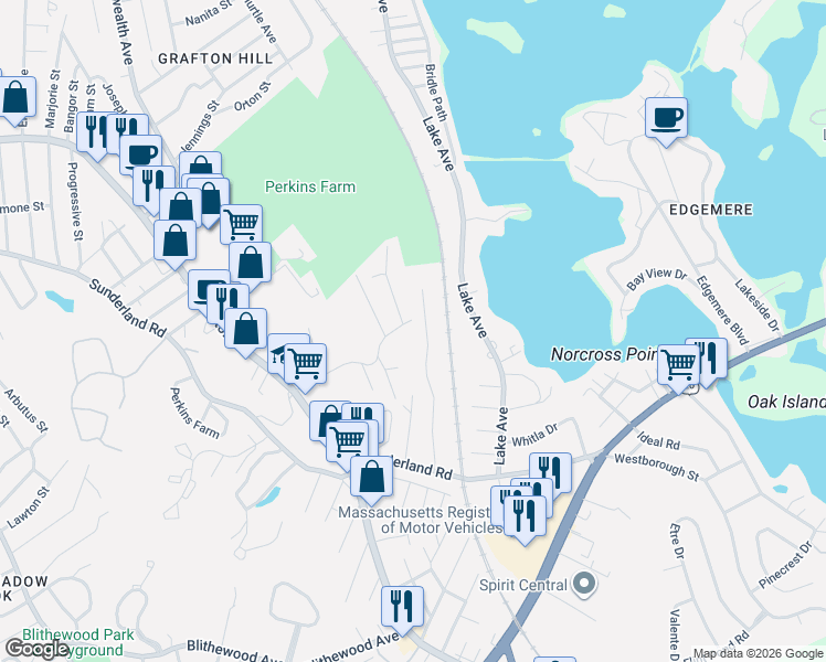 map of restaurants, bars, coffee shops, grocery stores, and more near 66 Atlas Street in Worcester