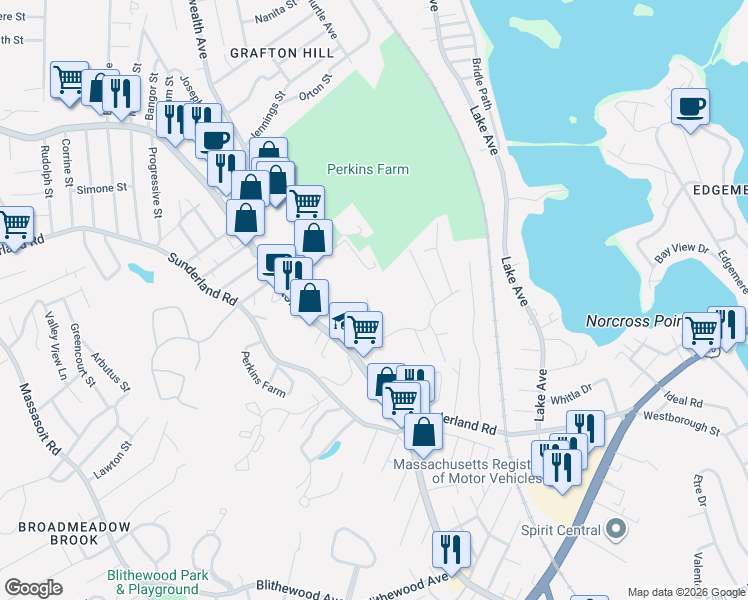 map of restaurants, bars, coffee shops, grocery stores, and more near 989 Grafton Street in Worcester