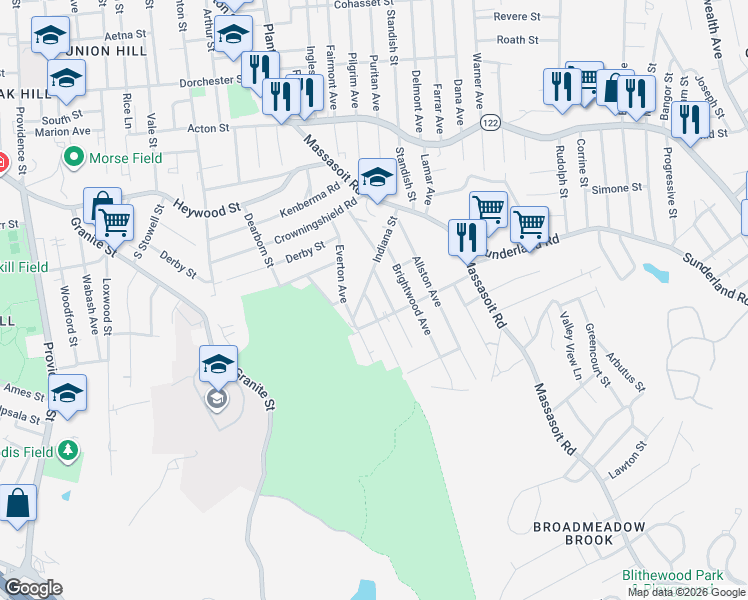 map of restaurants, bars, coffee shops, grocery stores, and more near 55 Greenfield Street in Worcester