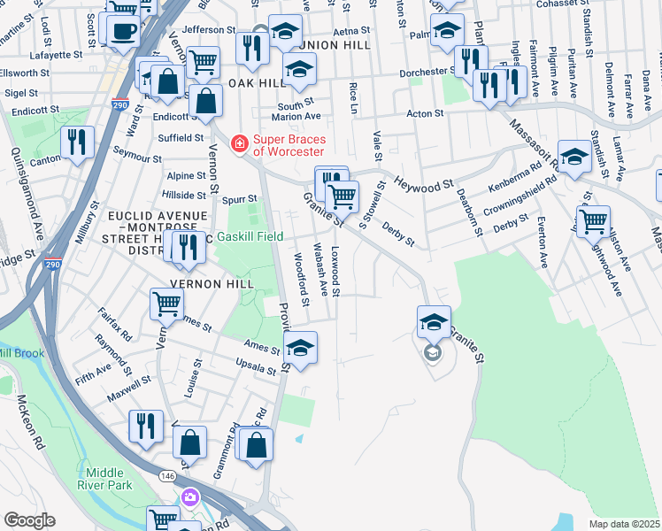 map of restaurants, bars, coffee shops, grocery stores, and more near 53 Loxwood Street in Worcester