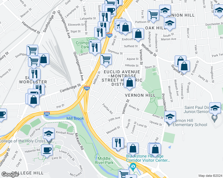 map of restaurants, bars, coffee shops, grocery stores, and more near 101 Sterling Street in Worcester