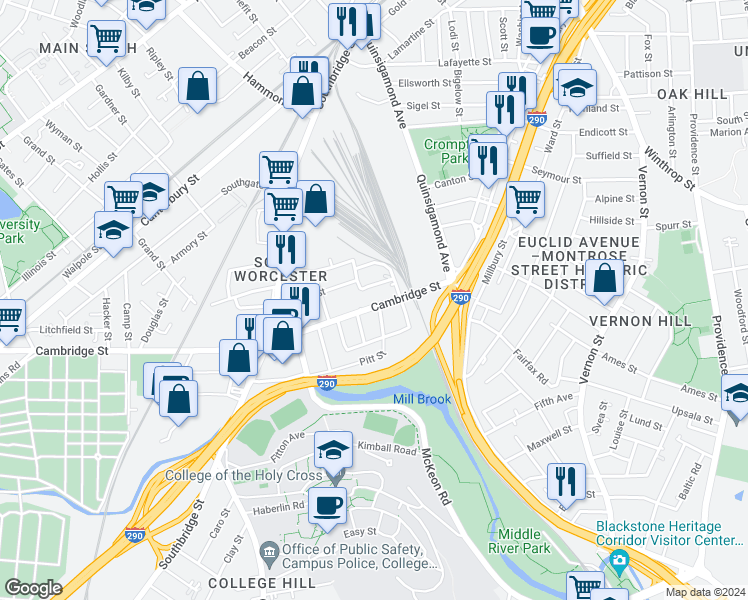 map of restaurants, bars, coffee shops, grocery stores, and more near 596 Cambridge Street in Worcester