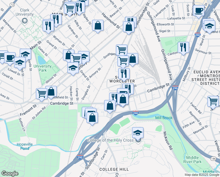 map of restaurants, bars, coffee shops, grocery stores, and more near 4 Homestead Avenue in Worcester