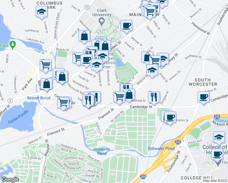 map of restaurants, bars, coffee shops, grocery stores, and more near 117 Illinois Street in Worcester