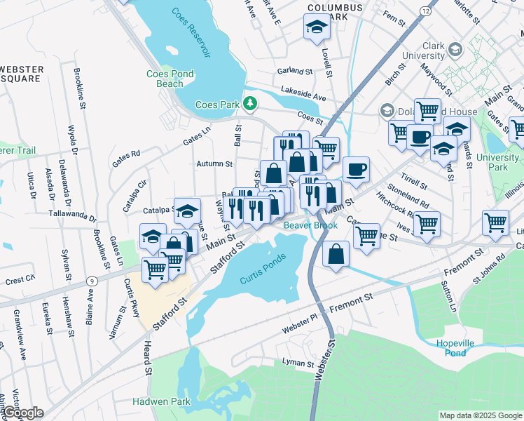 map of restaurants, bars, coffee shops, grocery stores, and more near 1145 Main Street in Worcester
