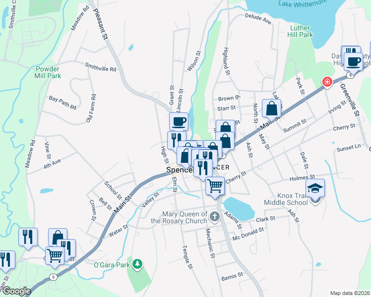 map of restaurants, bars, coffee shops, grocery stores, and more near 125 Main Street in Spencer