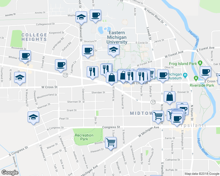 map of restaurants, bars, coffee shops, grocery stores, and more near 907 Sheridan Street in Ypsilanti