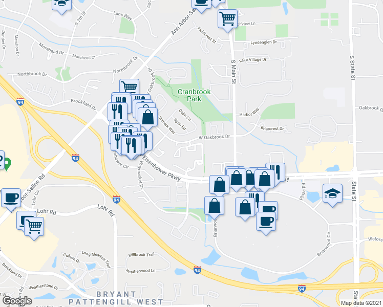 map of restaurants, bars, coffee shops, grocery stores, and more near 750 West Eisenhower Parkway in Ann Arbor