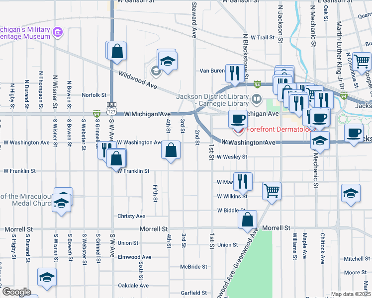 map of restaurants, bars, coffee shops, grocery stores, and more near 407 3rd Street in Jackson