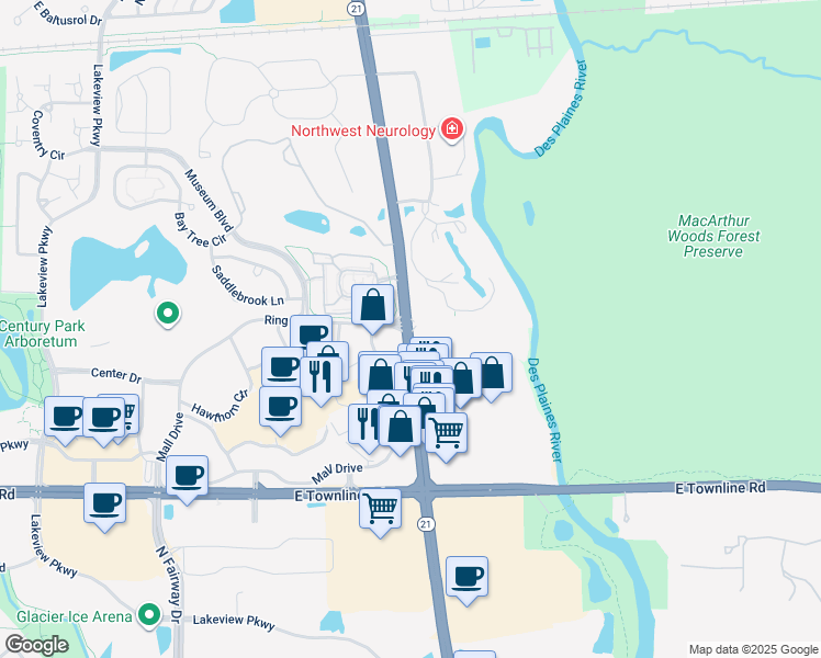 map of restaurants, bars, coffee shops, grocery stores, and more near 1115 North Milwaukee Avenue in Vernon Hills
