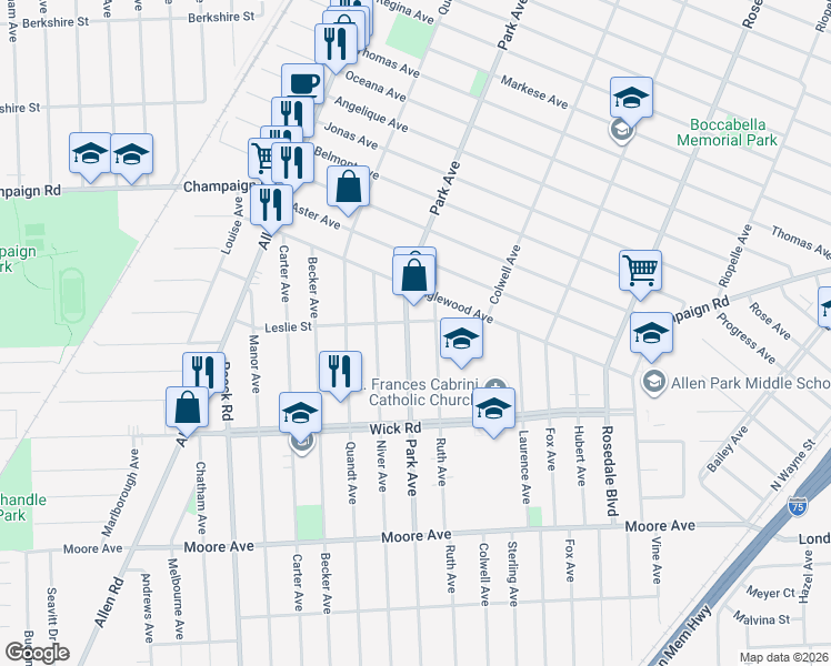 map of restaurants, bars, coffee shops, grocery stores, and more near 966 Ruth Avenue in Allen Park