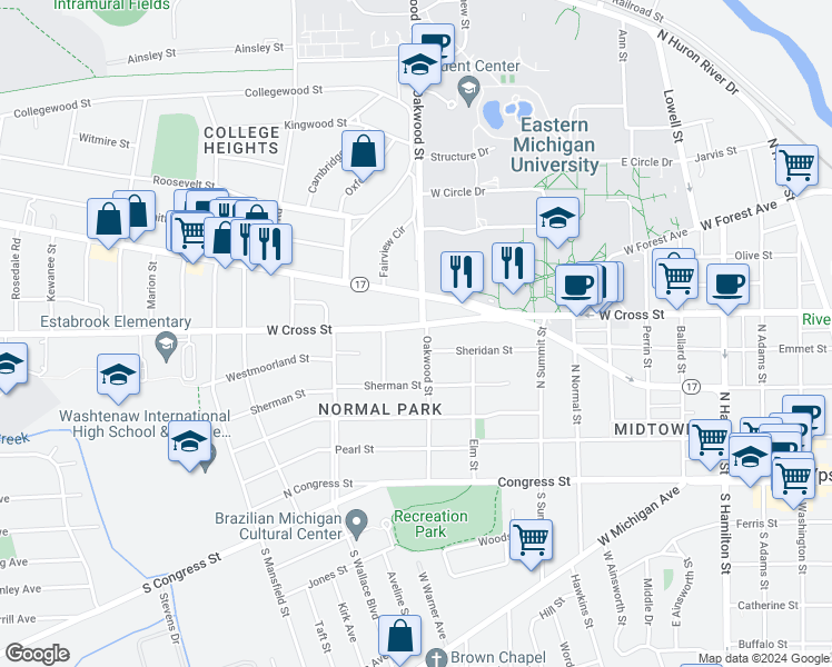 map of restaurants, bars, coffee shops, grocery stores, and more near 1005 West Cross Street in Ypsilanti