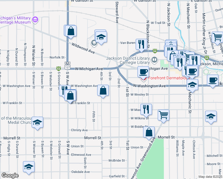 map of restaurants, bars, coffee shops, grocery stores, and more near 307 3rd Street in Jackson