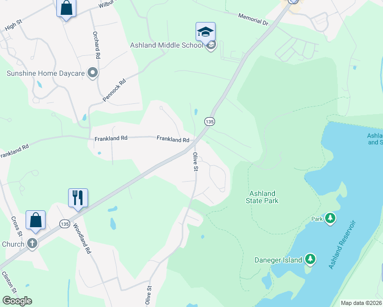 map of restaurants, bars, coffee shops, grocery stores, and more near 21 Olive Street in Ashland