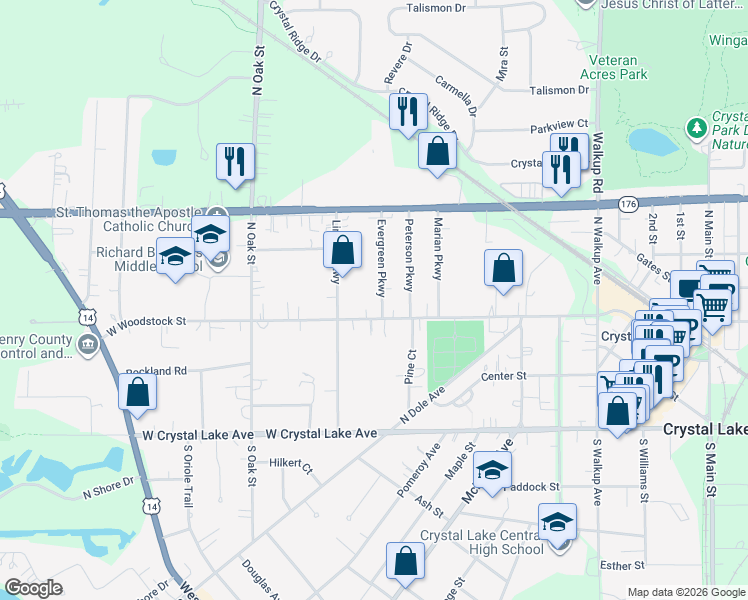 map of restaurants, bars, coffee shops, grocery stores, and more near 146 Evergreen Parkway in Crystal Lake
