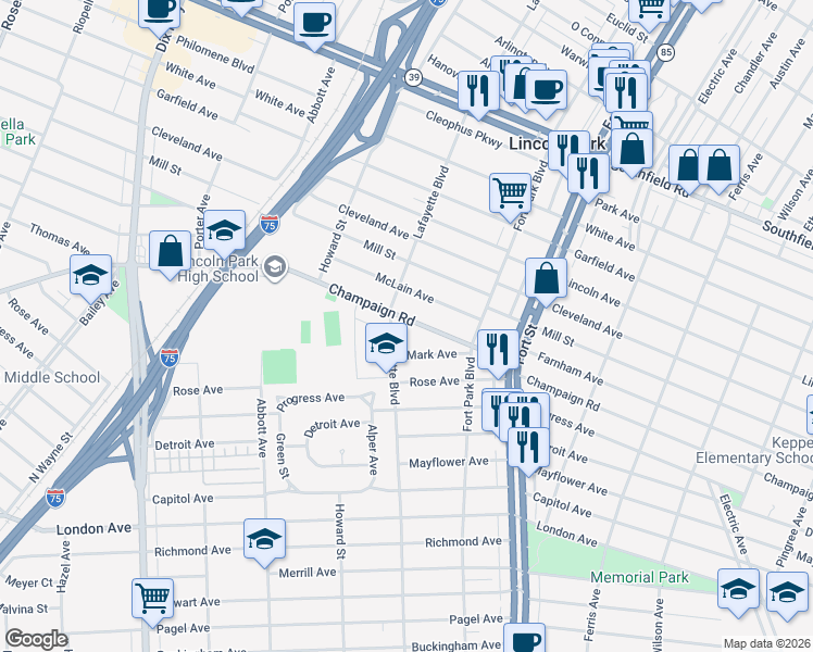map of restaurants, bars, coffee shops, grocery stores, and more near 1459 McLain Avenue in Lincoln Park