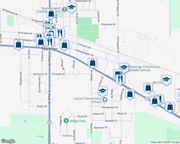 map of restaurants, bars, coffee shops, grocery stores, and more near 565 East Grant Highway in Marengo