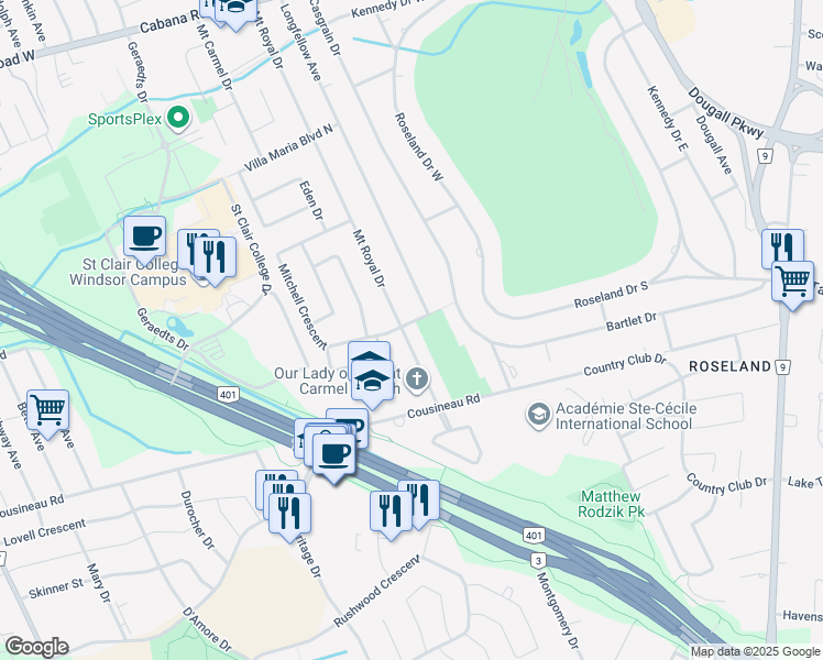 map of restaurants, bars, coffee shops, grocery stores, and more near 4300 Mount Royal Drive in Windsor