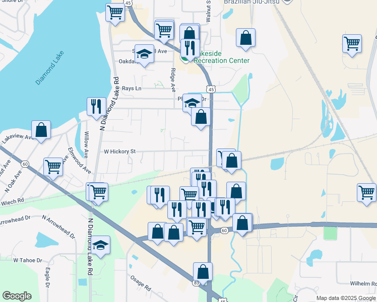 map of restaurants, bars, coffee shops, grocery stores, and more near 590 Jeniffer Circle in Mundelein