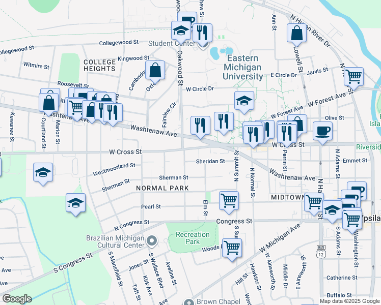 map of restaurants, bars, coffee shops, grocery stores, and more near 963 West Cross Street in Ypsilanti