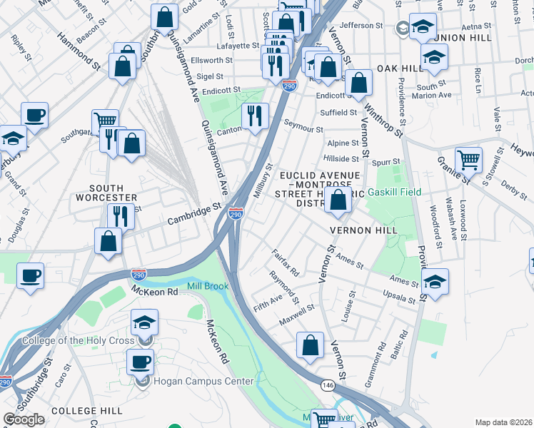 map of restaurants, bars, coffee shops, grocery stores, and more near 24 Harlem Street in Worcester
