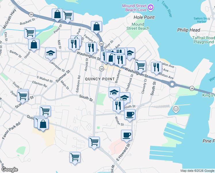 map of restaurants, bars, coffee shops, grocery stores, and more near 38 Germain Avenue in Quincy