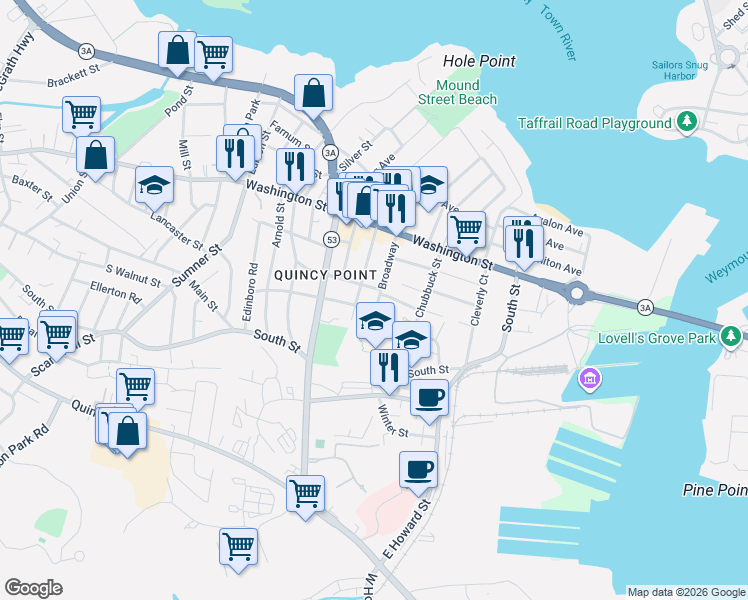 map of restaurants, bars, coffee shops, grocery stores, and more near 38 Germain Avenue in Quincy