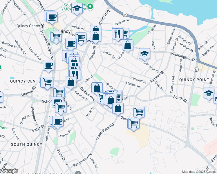 map of restaurants, bars, coffee shops, grocery stores, and more near 58 South Street in Quincy