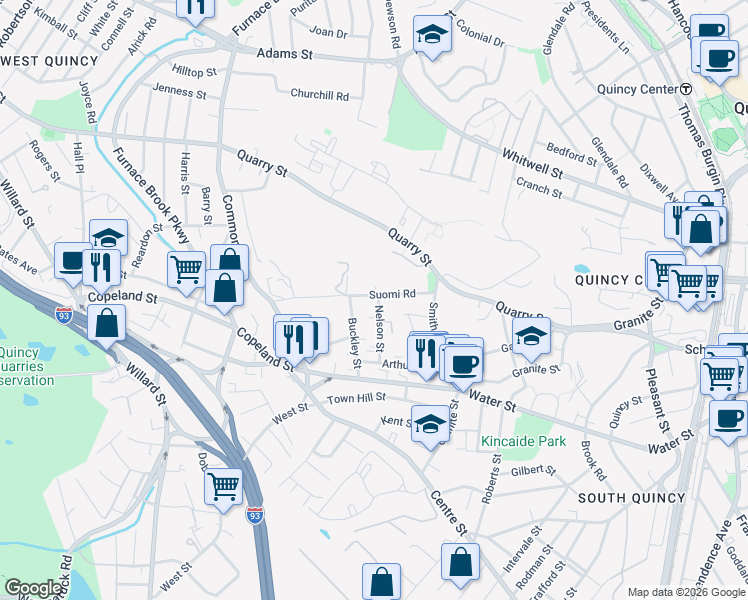 map of restaurants, bars, coffee shops, grocery stores, and more near 79 Suomi Road in Quincy
