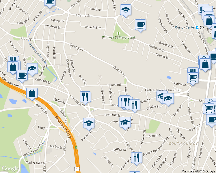 map of restaurants, bars, coffee shops, grocery stores, and more near 79 Suomi Road in Quincy