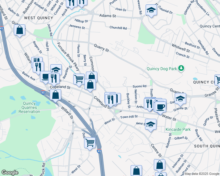 map of restaurants, bars, coffee shops, grocery stores, and more near 130 Suomi Road in Quincy