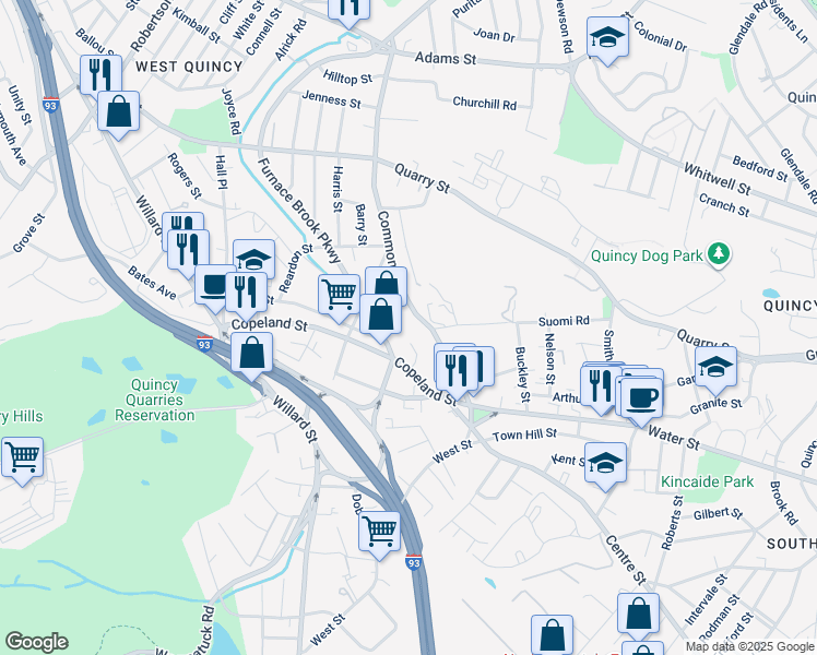 map of restaurants, bars, coffee shops, grocery stores, and more near 216 Common Street in Quincy