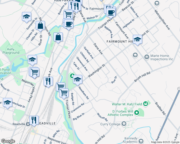 map of restaurants, bars, coffee shops, grocery stores, and more near 75 Chittick Road in Boston