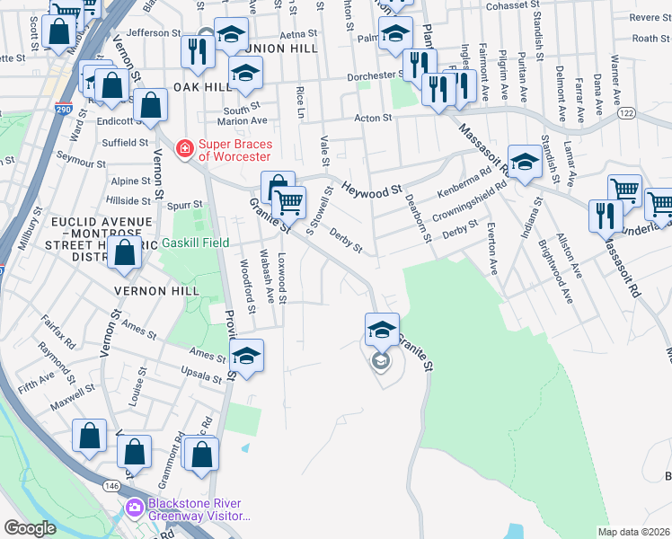 map of restaurants, bars, coffee shops, grocery stores, and more near 76 Granite Street in Worcester