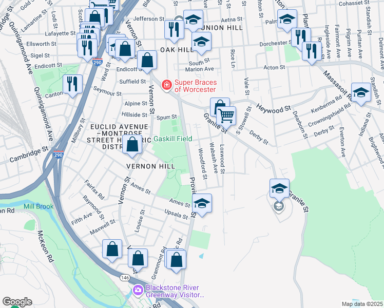 map of restaurants, bars, coffee shops, grocery stores, and more near 141 Providence Street in Worcester