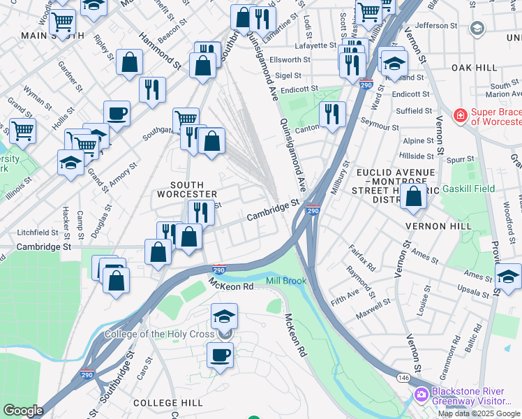 map of restaurants, bars, coffee shops, grocery stores, and more near 11 Riley Street in Worcester