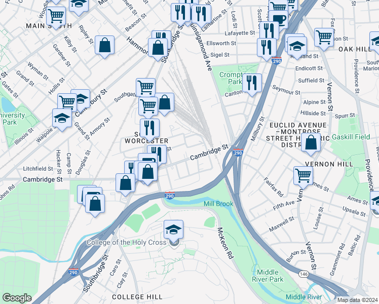 map of restaurants, bars, coffee shops, grocery stores, and more near 11 Riley Street in Worcester
