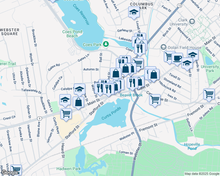 map of restaurants, bars, coffee shops, grocery stores, and more near 36 Lakewood Street in Worcester