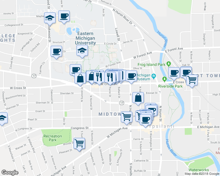 map of restaurants, bars, coffee shops, grocery stores, and more near 402 Perrin Street in Ypsilanti