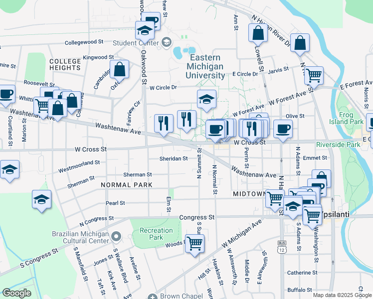 map of restaurants, bars, coffee shops, grocery stores, and more near North Summit Street in Ypsilanti