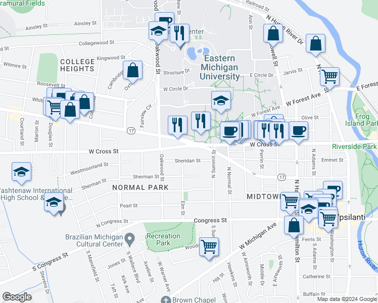 map of restaurants, bars, coffee shops, grocery stores, and more near 898 West Cross Street in Ypsilanti