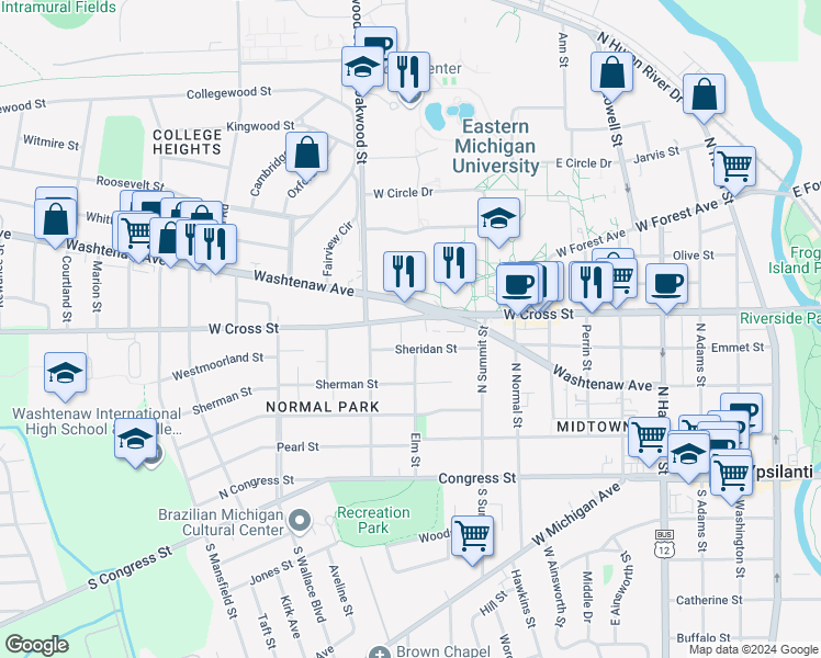 map of restaurants, bars, coffee shops, grocery stores, and more near 957 Washtenaw Avenue in Ypsilanti