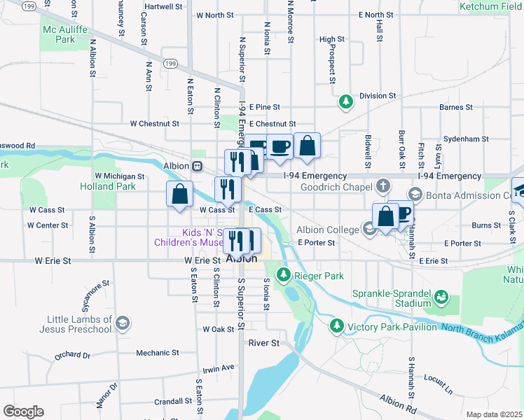map of restaurants, bars, coffee shops, grocery stores, and more near 206 Perry Street in Albion