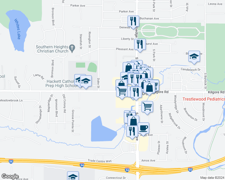 map of restaurants, bars, coffee shops, grocery stores, and more near 734 West Kilgore Road in Portage
